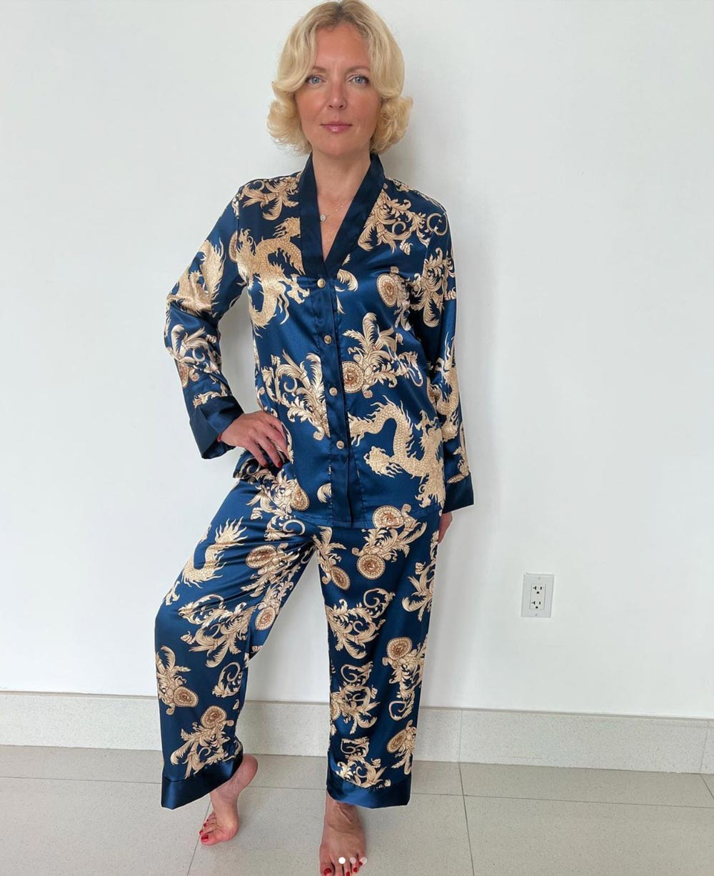 ROYAL ELEGANT DRAGON PRINT BLUE SATIN PAJAMA SET